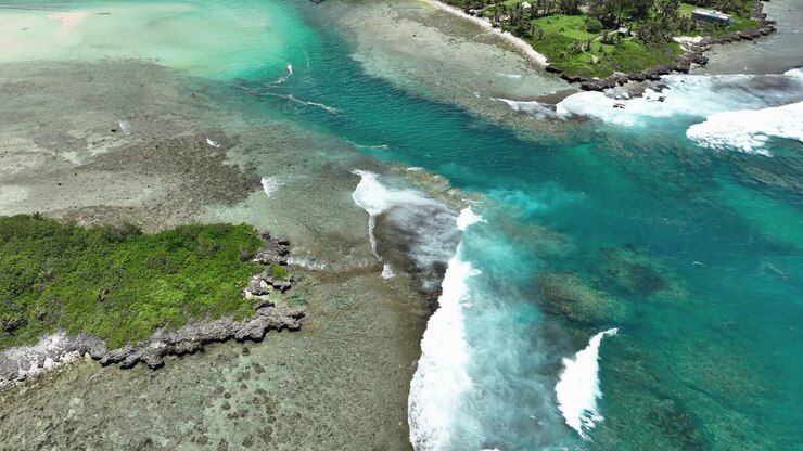 Entrance of Avana Passage in Rarotonga Cook Islands, aerial drone overview