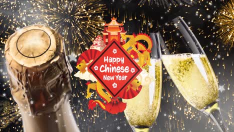 animación de feliz texto de año nuevo chino, con dragón y templos, champán y fuegos artificiales