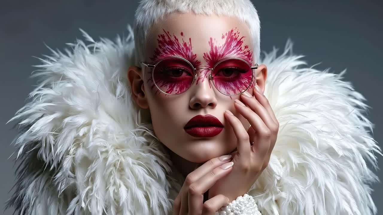 A woman with white feathers and red lipstick on her face