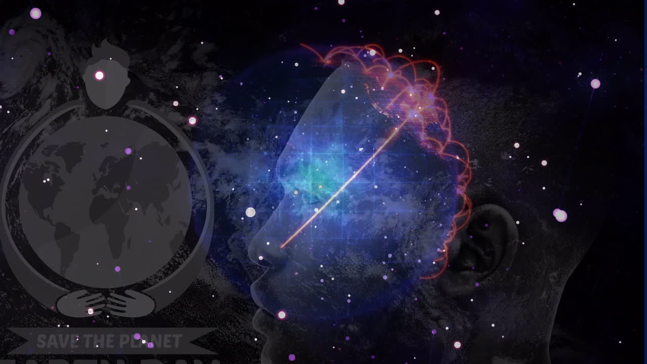 animación del globo con conexiones y puntos que se mueven sobre el perfil de un hombre afroamericano