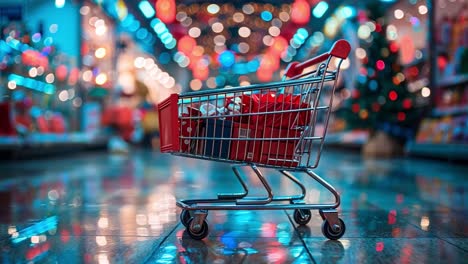 mini shopping cart filled with christmas gifts in a festive setting