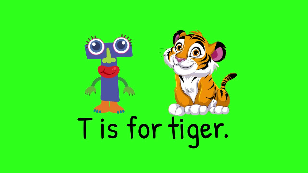 Bright animation with a playful tiger and character on a green background, illustrating the letter T