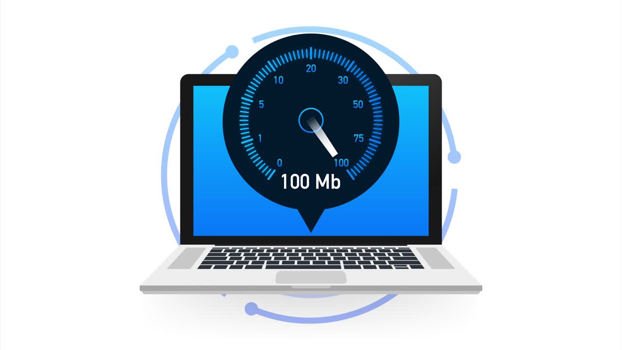 Speed test on laptop. Speedometer Internet Speed 100 mb. Website speed loading time. illustration.