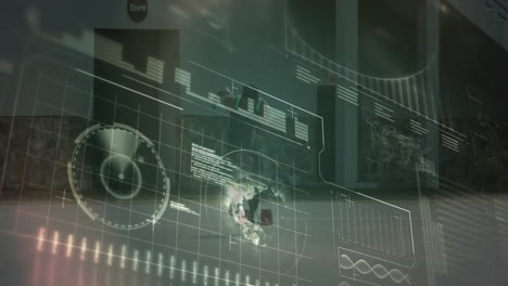 athlete performing jump inside training facility, overlaying tech hud graphics and bar charts