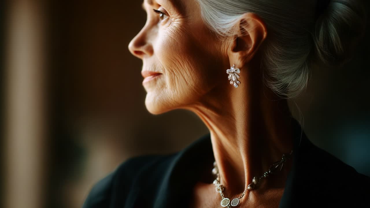Elegante ritratto di una donna matura che mette in mostra gioielli raffinati, tra cui splendidi orecchini e una bellissima collana, catturato con un'illuminazione soffusa e uno sfondo sfocato