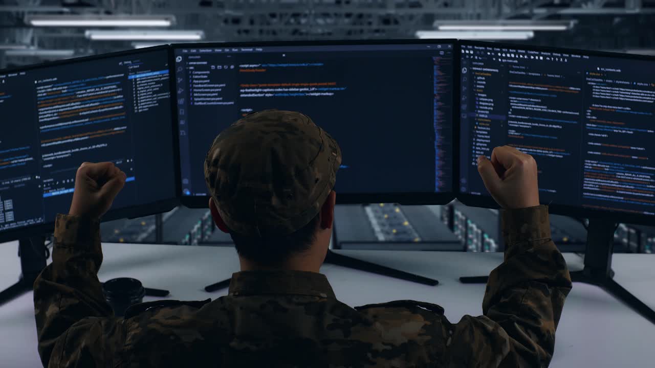 Back View Of Happy Asian Military Celebrating And Dancing While Write Code With Multiple Computer Screens In Data Center