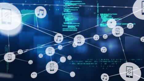 Animation-of-connected-icons-over-looping-computer-language-against-illuminated-squares