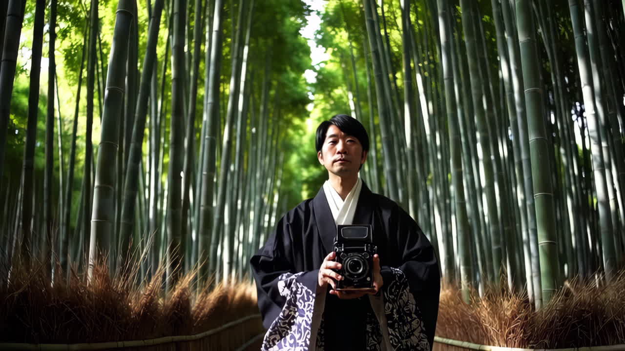 Man in Traditional Clothing at a Bamboo Forest