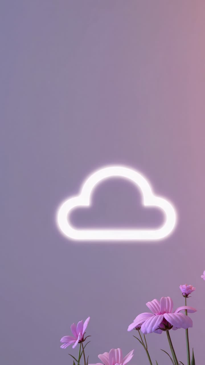 Concepto de vídeo minimalista con un icono de nube brillante sobre flores rosas