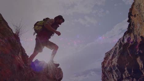 male hiker stepping across rocky canyon gap, with animated tech map icons, backpack and lens flare