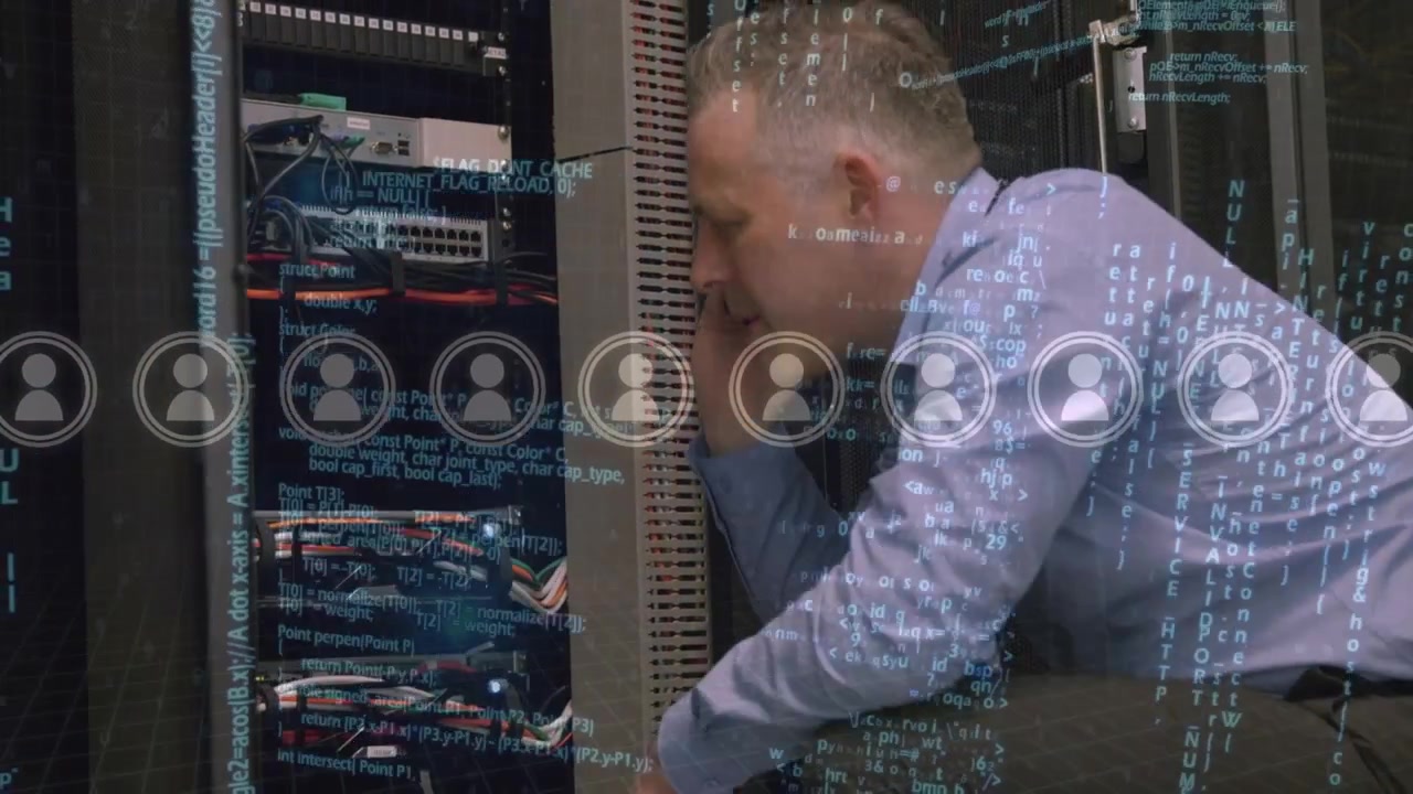 Animation of icons and data processing over caucasian businessman in server room