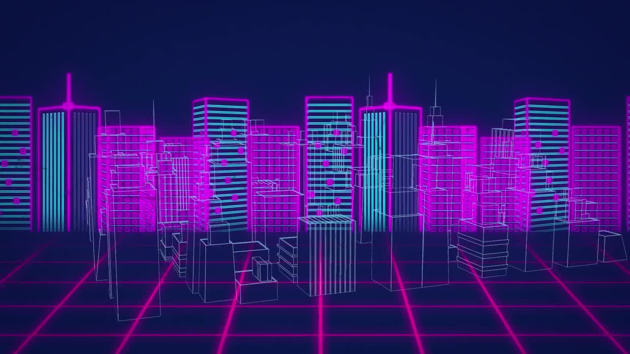 밤에 분홍색과 파란색의 현대 도시 스카이라인 위에 회전하는 건축 도시의 애니메이션