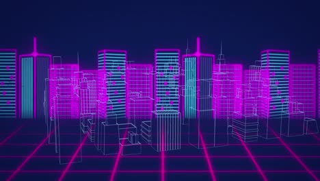 animation of rotating architectural city over pink and blue modern city skyline at night