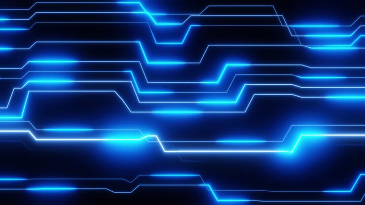 Linee Blu Luminose Astratte che si Muovono in uno Schema di Circuito Digitale