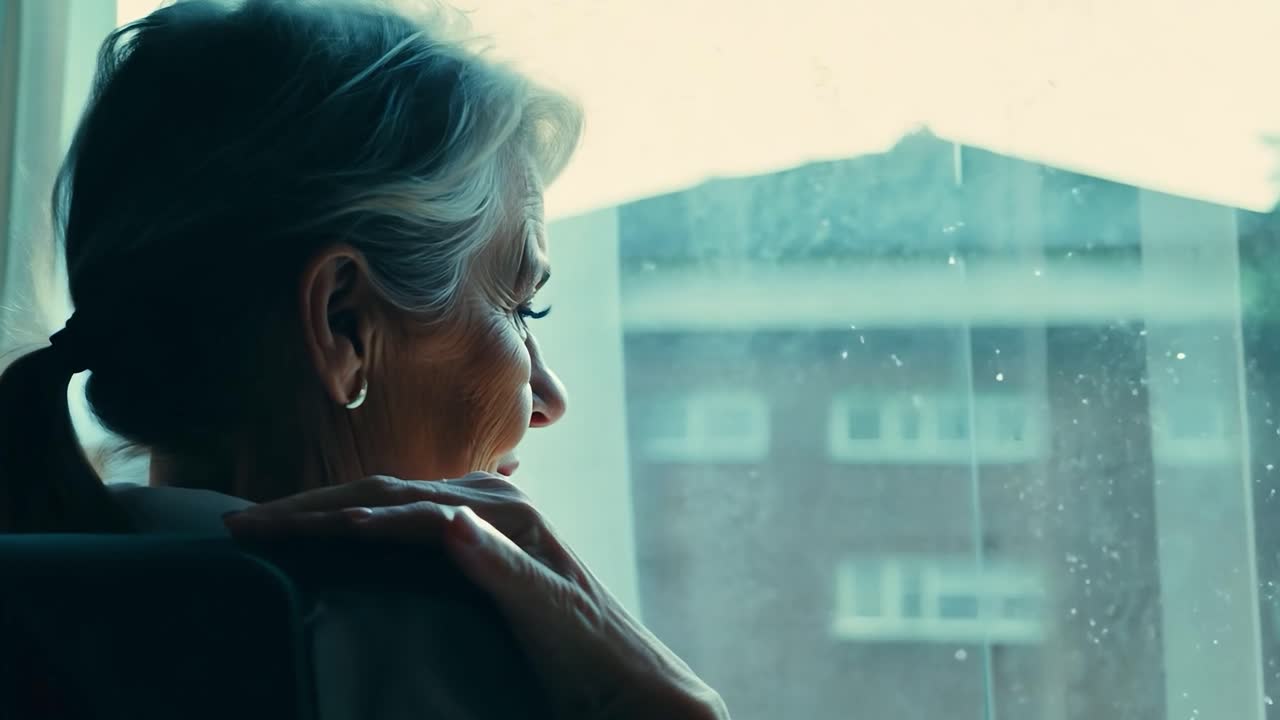 An elderly woman looks out the window of her apartment.