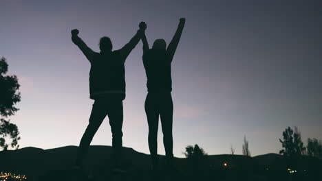 night sky, couple and silhouette with arms raised