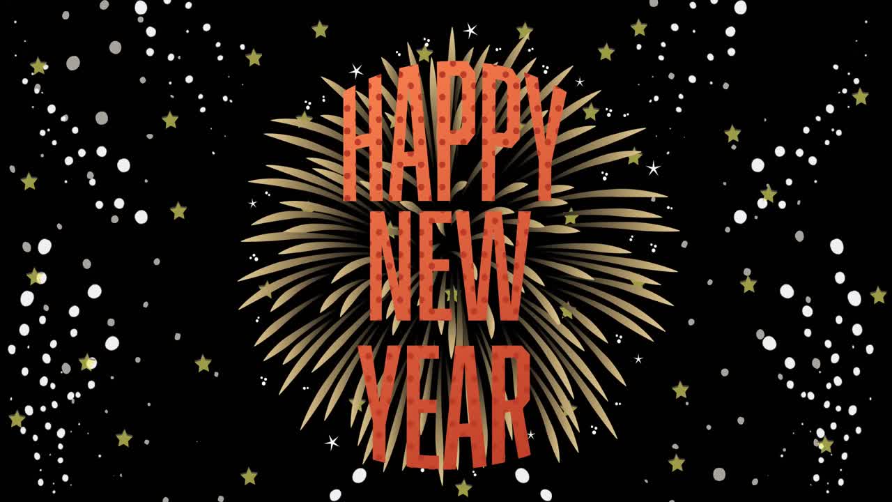 animación de texto de feliz año nuevo en rojo, sobre fuegos artificiales sobre fondo negro