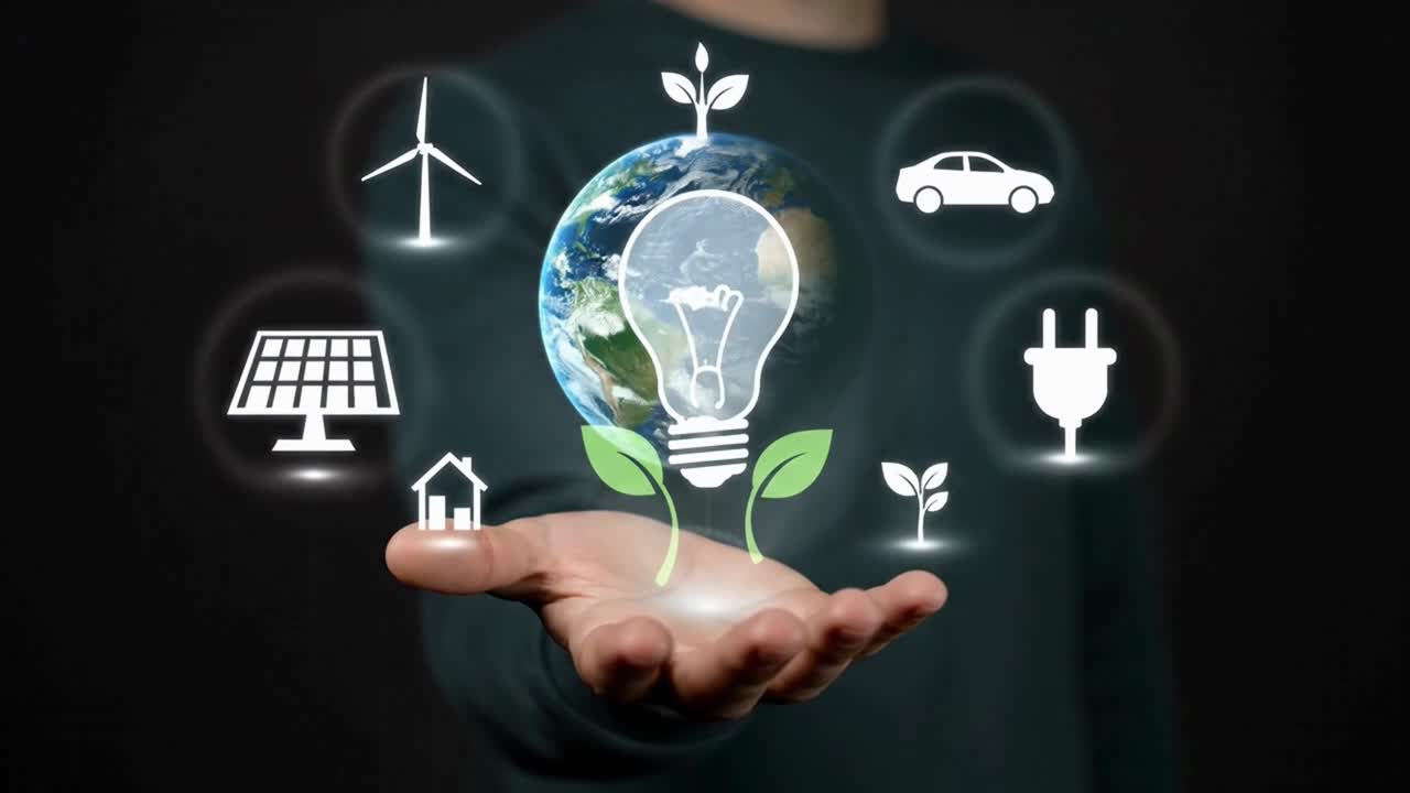 Man holding the Earth with icons for green energy and sustainability