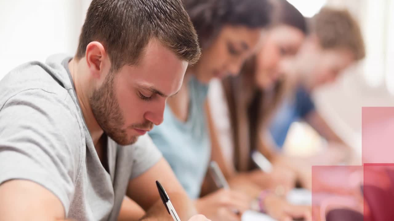 Red pattern background against group of college students studying at college