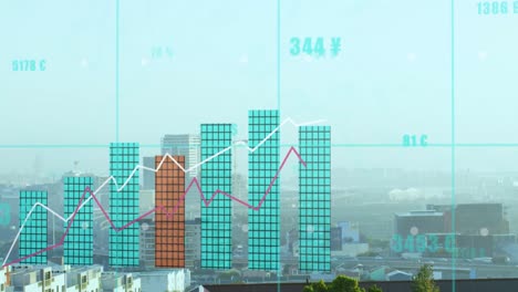 animation of statistical data processing over grid network against aerial view of cityscape