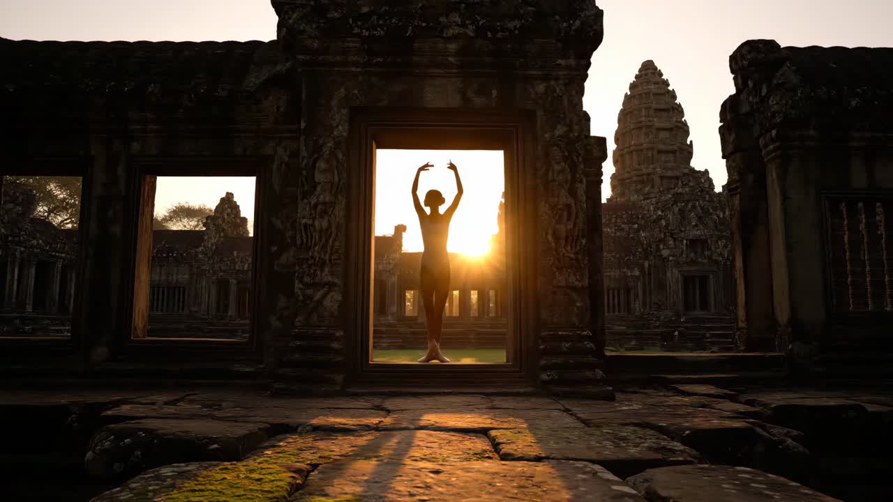 Silhouette of a ballerina dancing at Angkor Wat during sunset