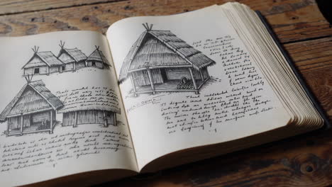 hand-drawn sketches of traditional huts in a vintage notebook