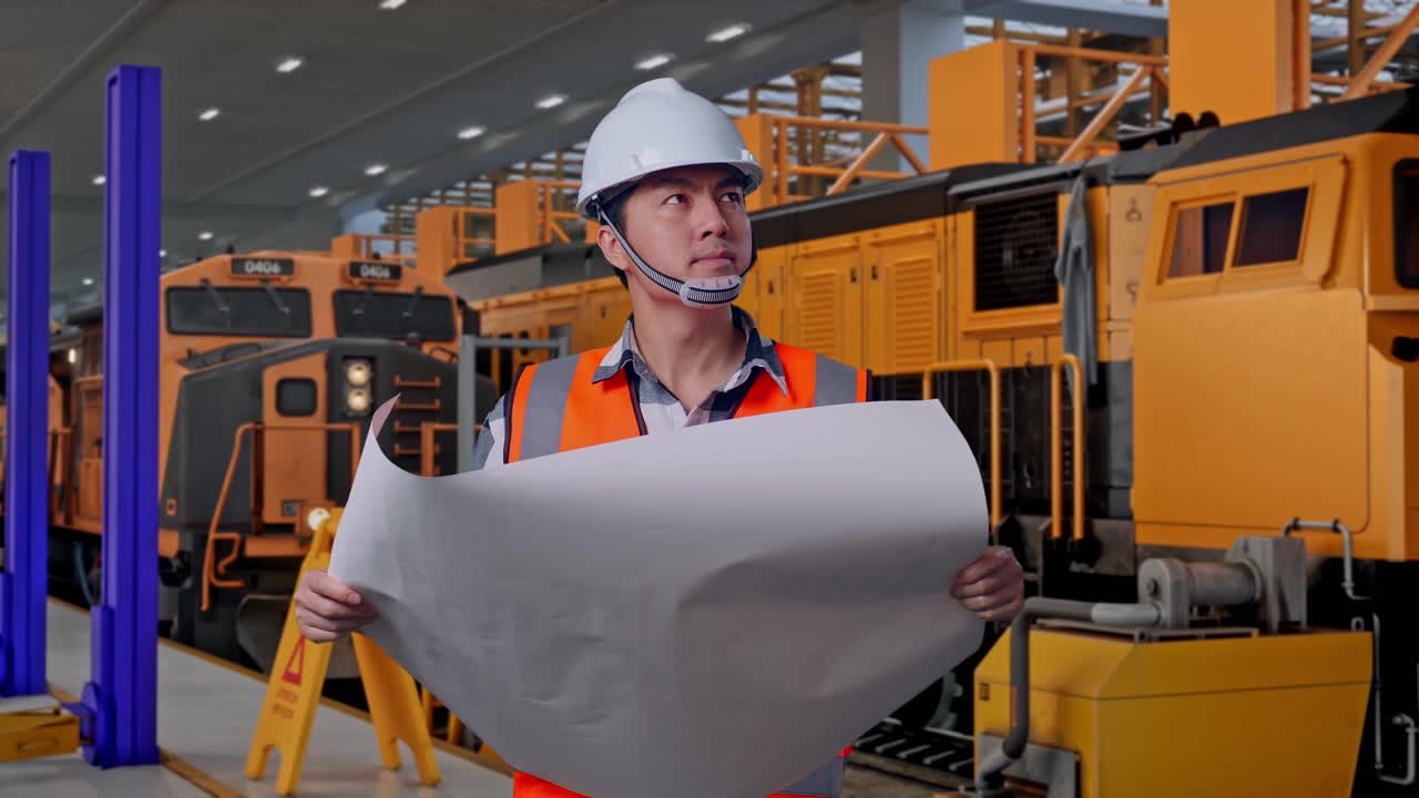Asian Male Engineer With Safety Helmet Looking At Blueprint In His Hands And Looking Around While Standing, Train Maintenance Engineers in a Depot