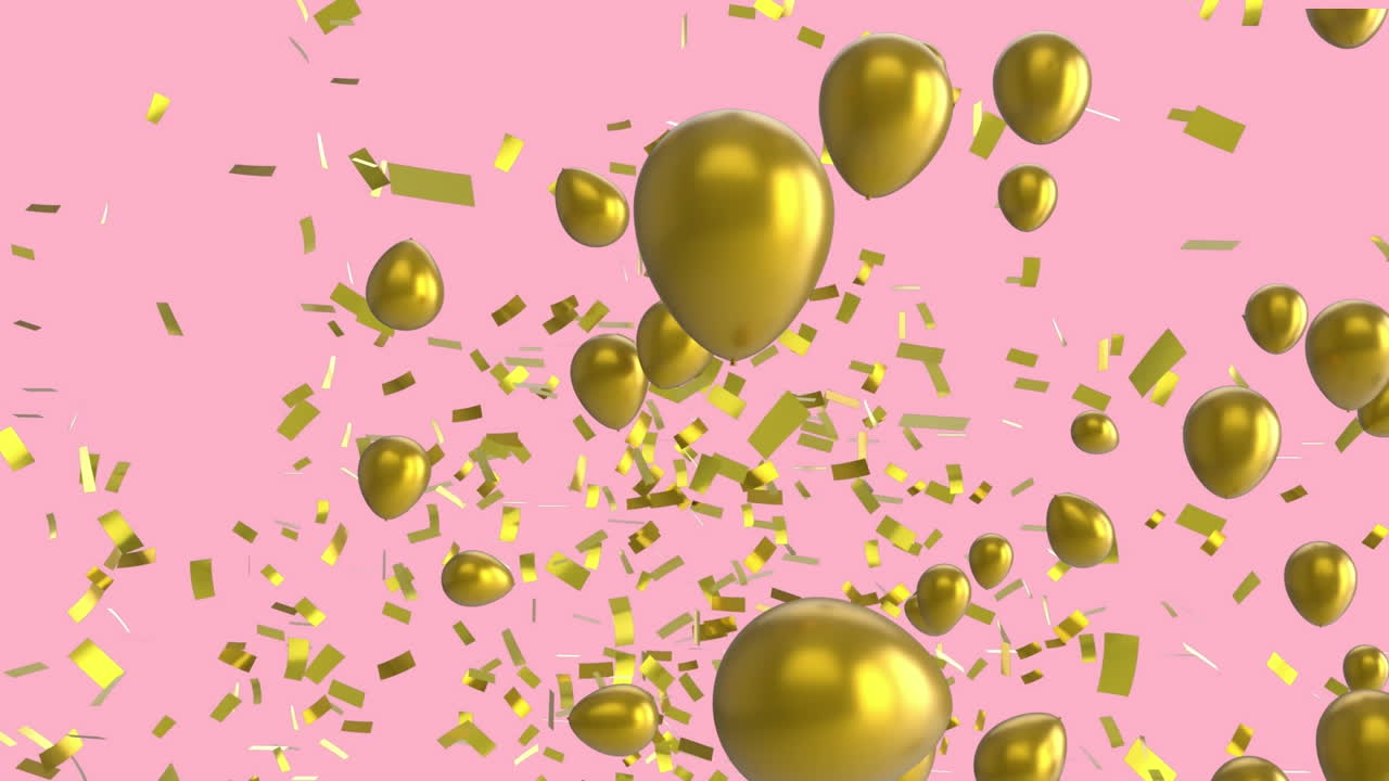 animación de globos de oro que se elevan, con confeti de oro cayendo sobre un fondo rosa