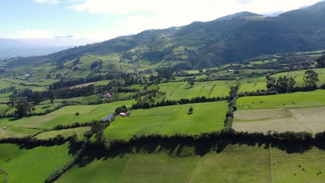 Luftdrohnenflug-über-Grüne-Felder-Des-Kantons-Mejia-In-Ecuador-Mit-Bergen-Im-Hintergrund,-Seitlicher-LKW-Schuss,-Vogelperspektive-An-Einem-Sonnigen-Tag