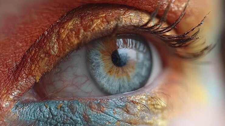 Een prachtige close-up van een oog versierd met artistieke make-up, met levendige kleuren en complexe details, die de schoonheid en diepte van de menselijke emotie vastlegt