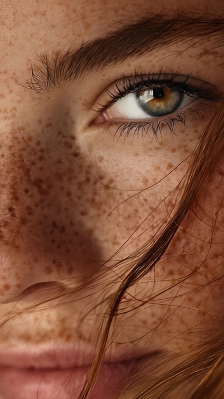 Ritratto ravvicinato che cattura i dettagli intricati della pelle lentigginosa e degli occhi espressivi, evidenziando la bellezza naturale e le caratteristiche uniche.
