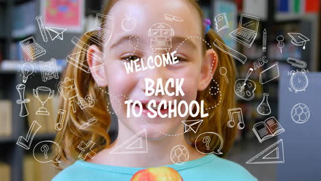 In school, animation of smiling child with Welcome Back text and icons overlay