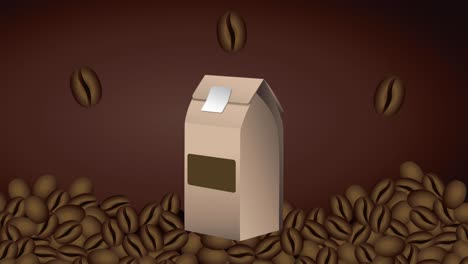 animación de bebida de café con granos y bolsa