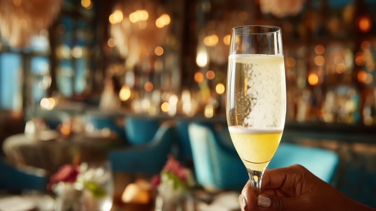 Momenti celebrativi: Un elegante bicchiere di bevanda frizzante riflette gioia e lusso in un locale chic con un'atmosfera calda, perfetto per brindare a occasioni speciali