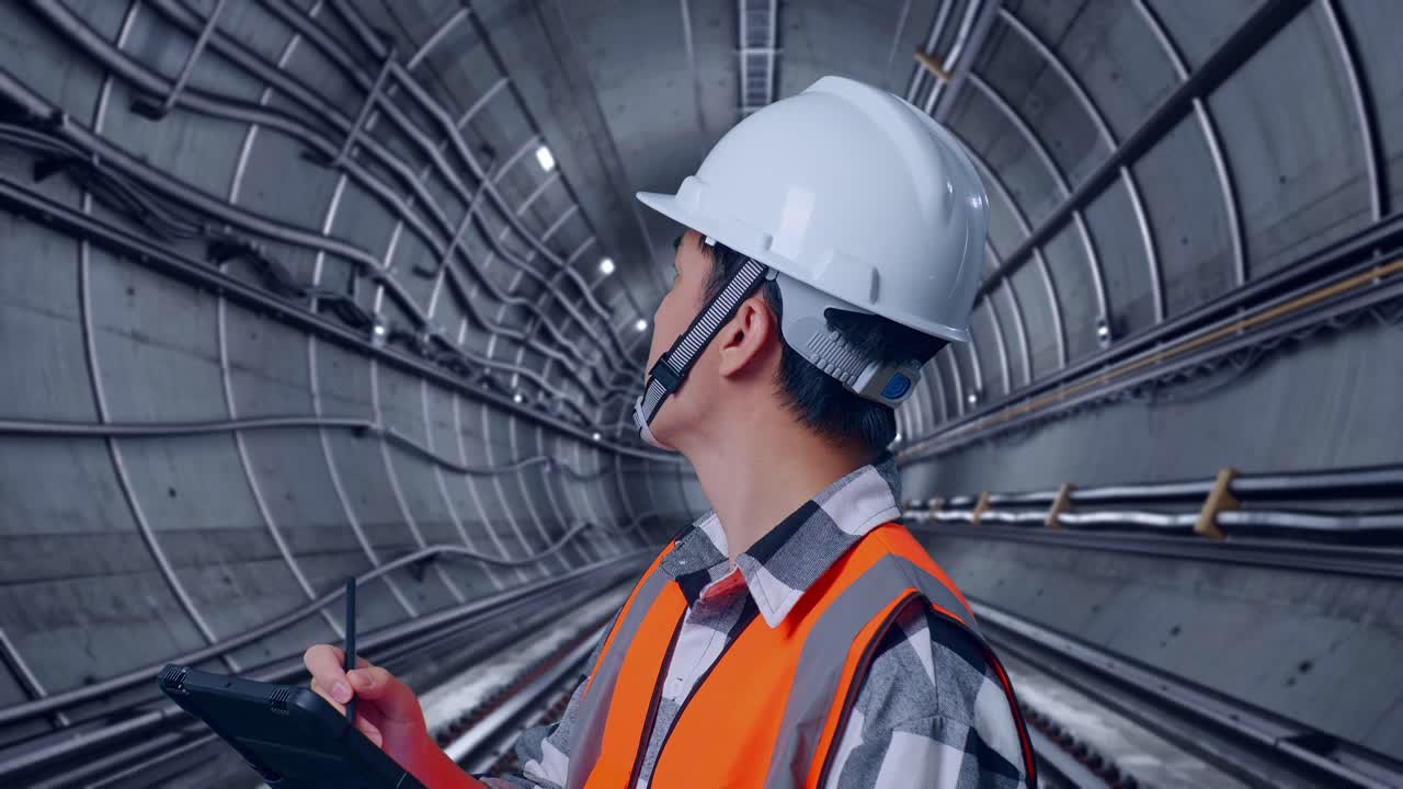 Close Up Side View Of Asian Male Engineer With Safety Helmet Taking Note On The Tablet And Looking Around While Standing In Underground Subway Tunnel