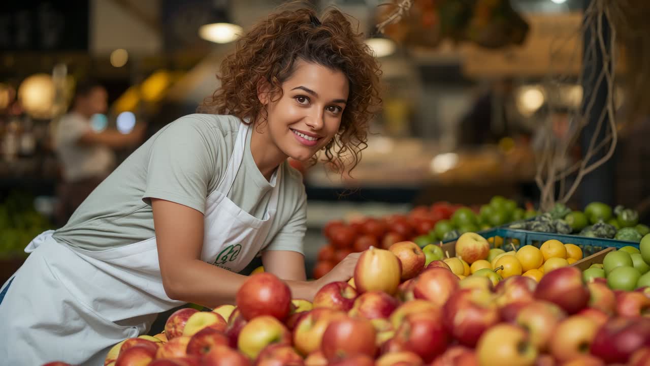 Arranging apples after produce aisle appearing, Hispanic clerk creating wooden display with apron