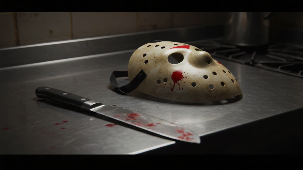 A chilling scene unfolds in a dimly lit kitchen featuring a blood-stained mask and knife, invoking a sense of horror and suspense as the viewer contemplates the sinister events that occurred