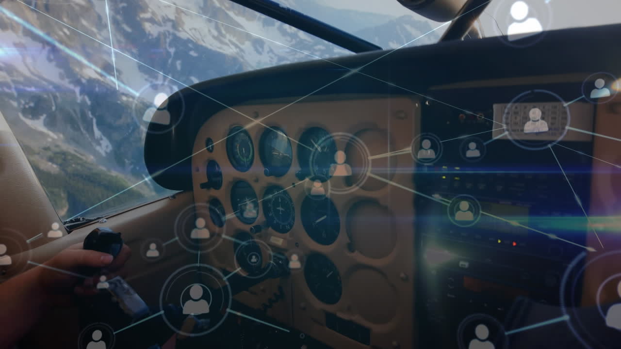 анимация сети связей с людьми иконки над летающим самолетом