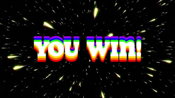 Animation of you win text banner over light trails in seamless pattern against black background