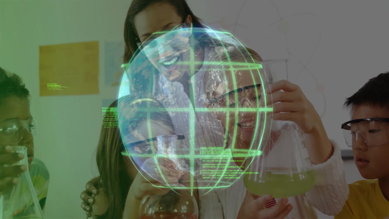 Instructor gesturing and sparking science globe while kids tilting flasks seeing green liquids
