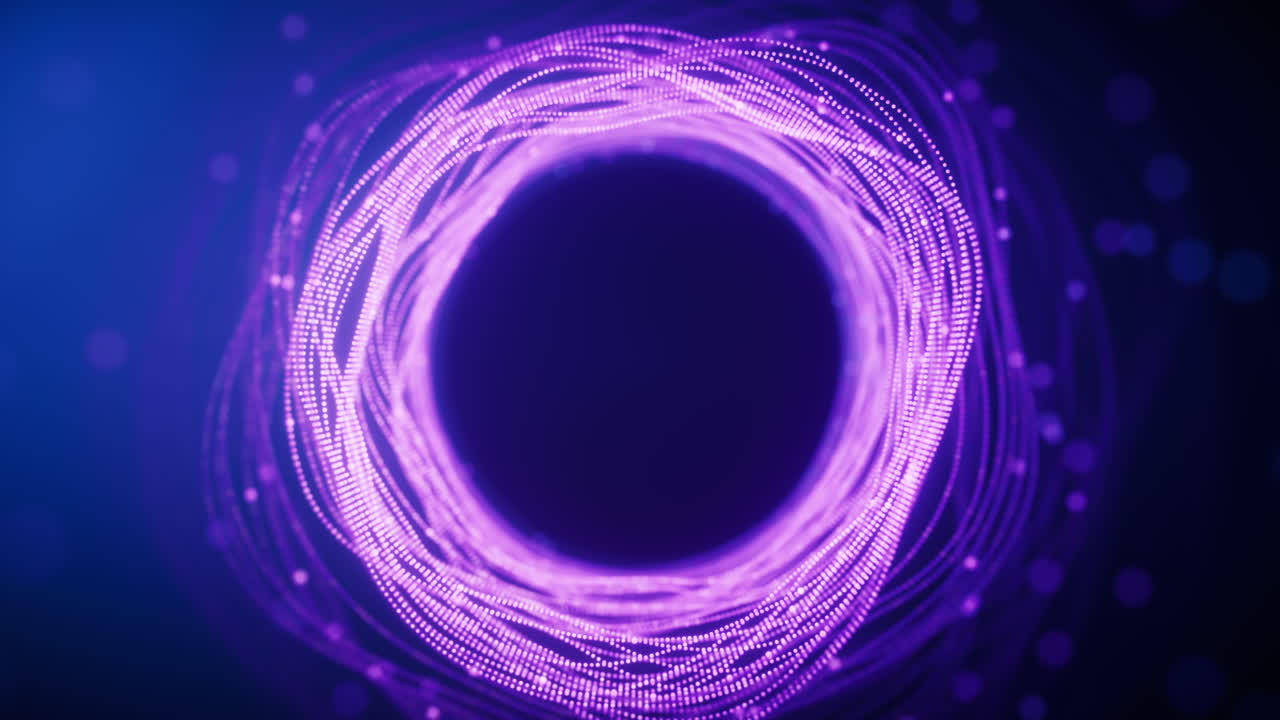 Flowing curve lines and particles with ring shape, 3d rendering