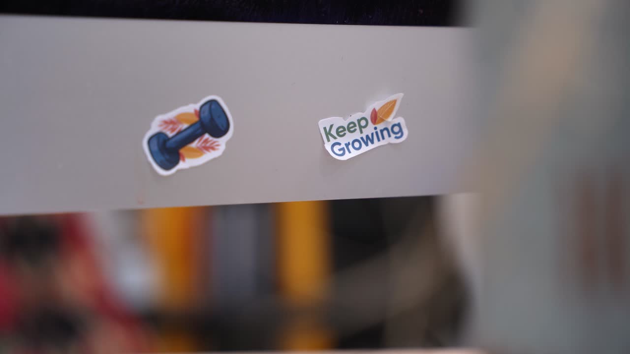 Close-up of a dumbbell sticker and Keep Growing text decal on frosted glass indoors, with shallow depth of field and warm blurred background