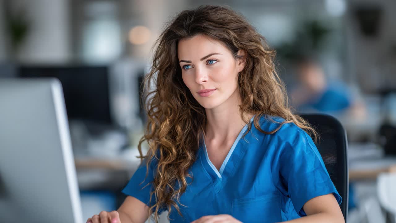 Focused Female Medical Professional in Scrubs Engaged with Computer, Portraying Dedication and Expertise in a Modern Healthcare Environment