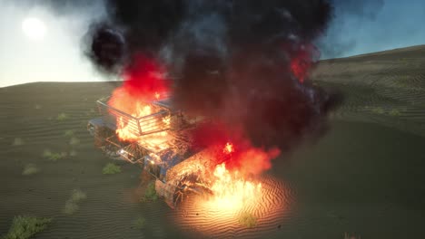 burned-tank-in-the-desert-at-sunset