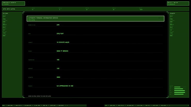 Green aviation terminal interface element displaying real time ATIS airport data, weather telemetry, and runway status. Loops seamlessly with transparent alpha channel for video compositing