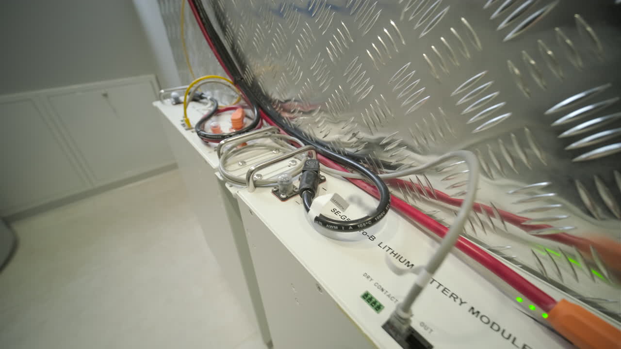 Close-up of Lithium Battery Module with Cables and Connectors