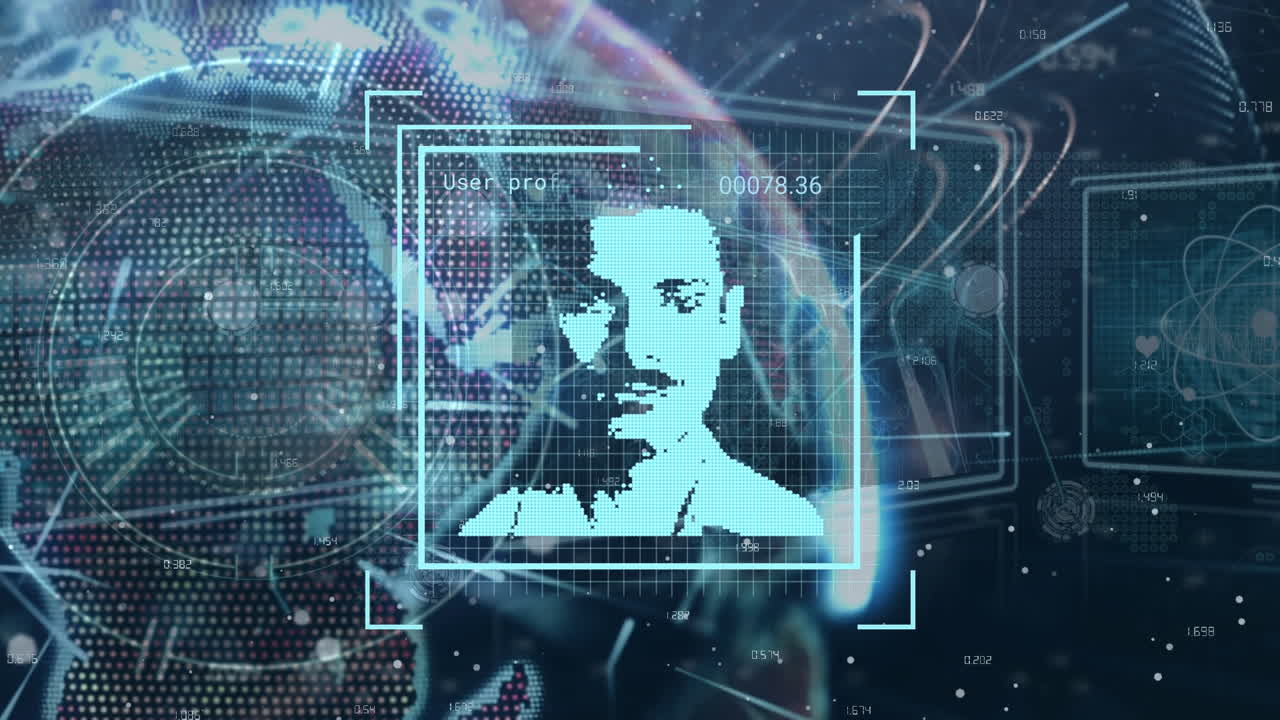 animación de cambios de iconos de perfil sobre globo giratorio y procesamiento de datos en fondo azul