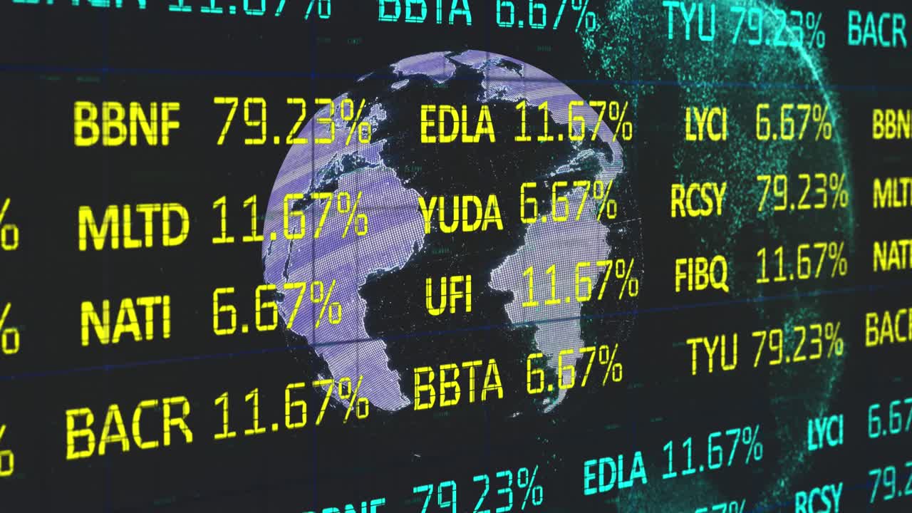 Animation of data processing and globe on black background