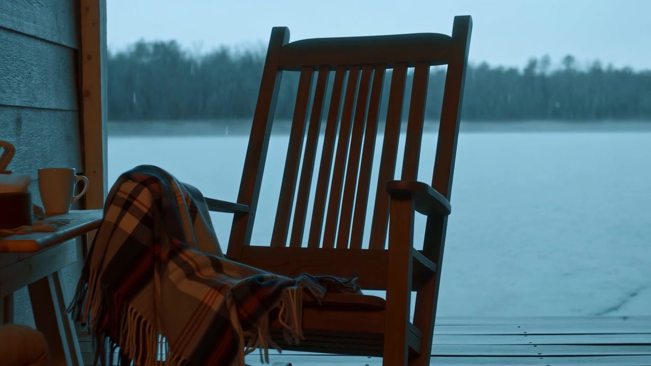 Rocking chairs showing visible action, in near a body of water with trees in, with rocking chairs, blanket, from a fixed perspective from inside a boat perspective, with brown, blue accents.