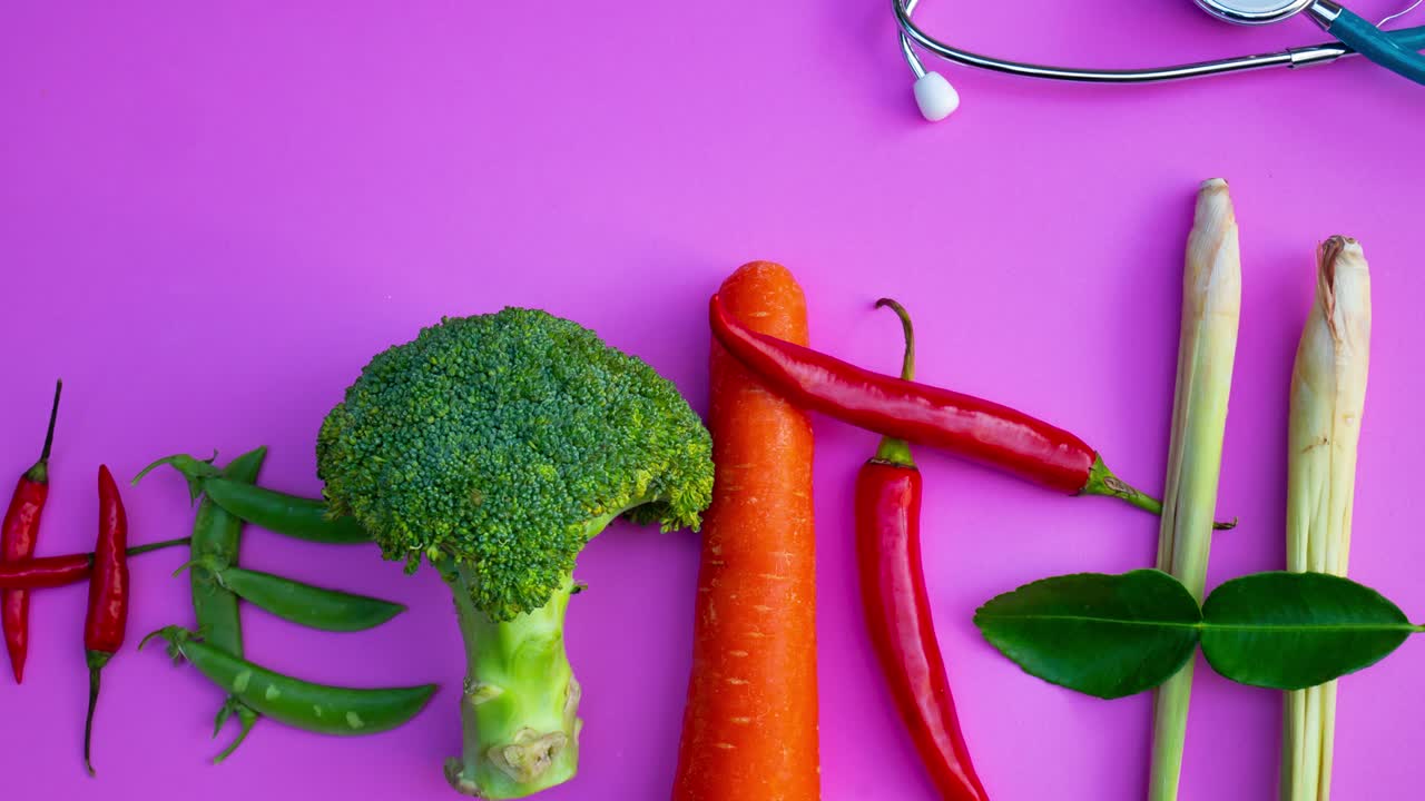 Stop motion of fruit and vegetable moving on color background